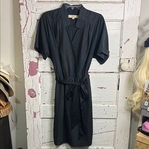 LOFT Black Midi Dress | Belted | Roll Cuff | Back Pleats |  Pockets Faux Wrap 10